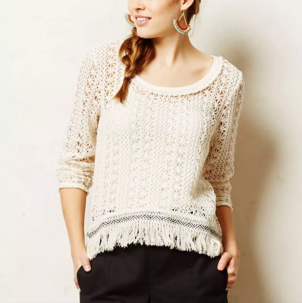 🔥Price Drop🔥Anthropology AKEMI+KIN Crochet Knit Boho Fringe Top
